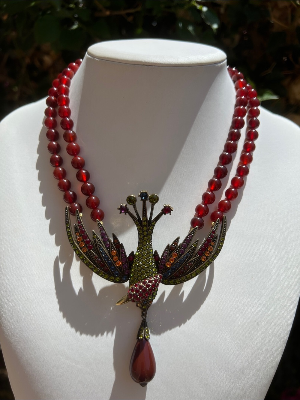 Heidi Daus Carnelian Swarovski Crystals Bird Necklace 18”